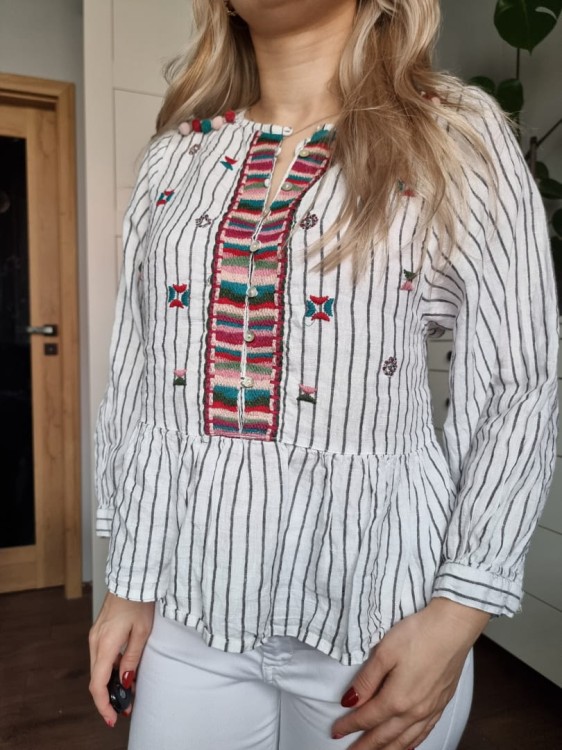 Bluzka z naszywkami, len 100%, boho chick, paski, Zara roz S