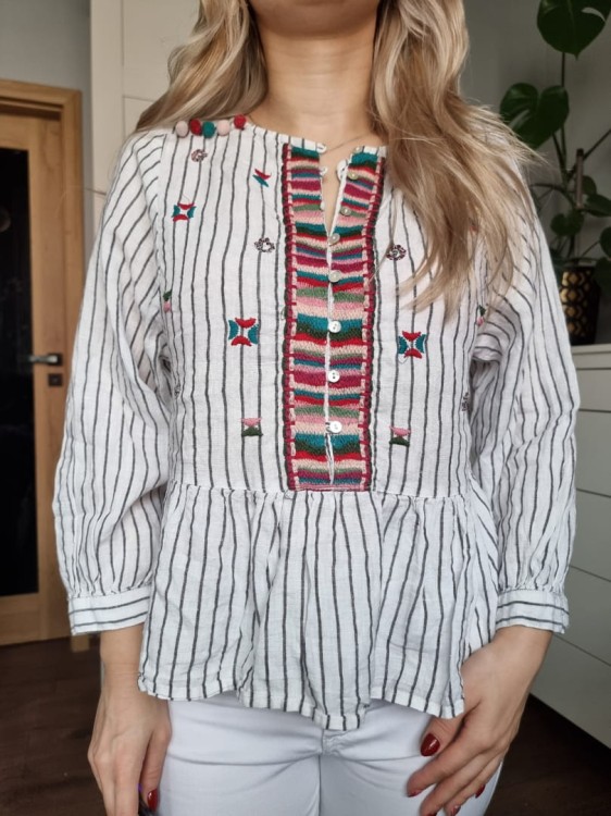 Bluzka z naszywkami, len 100%, boho chick, paski, Zara roz S