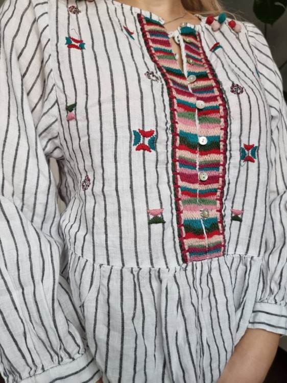 Bluzka z naszywkami, len 100%, boho chick, paski, Zara roz S