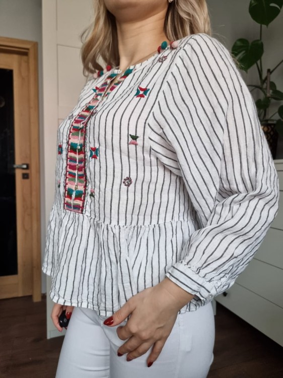 Bluzka z naszywkami, len 100%, boho chick, paski, Zara roz S