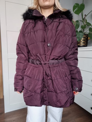 Bordowa kurtka zimowa z paskiem z talii, lekka parka, kobieca, kaptur r L