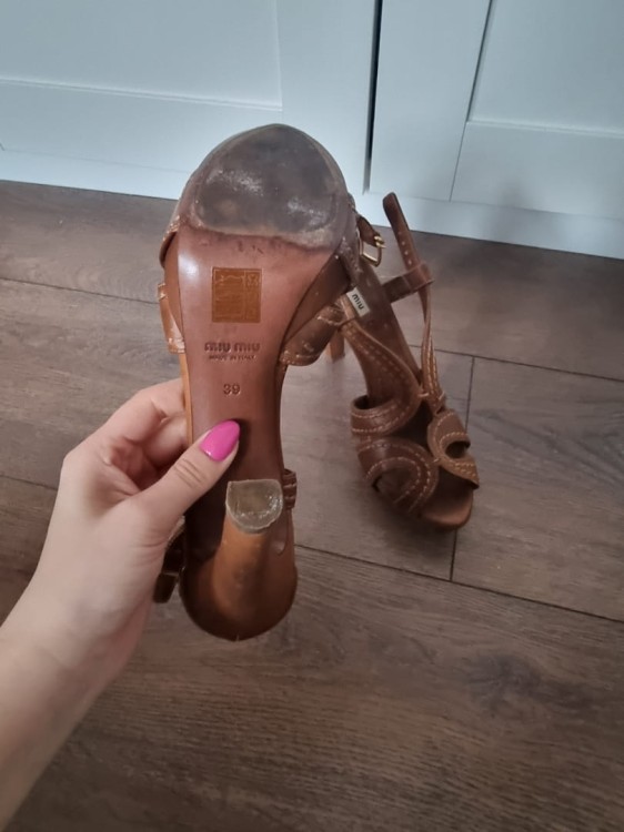 Brązowe sandałki skóra naturalna wysoki obcas Miu Miu, r. 39