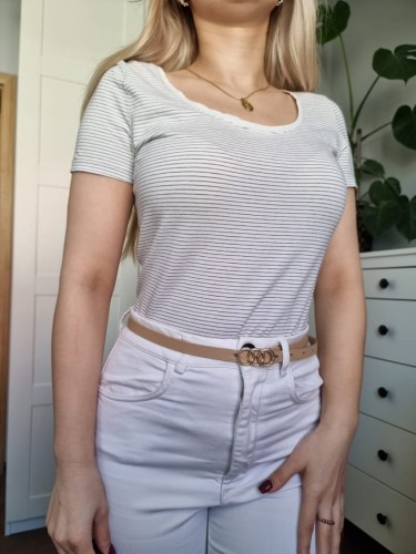 Bawełniany biały tshirt w paski, r. S
