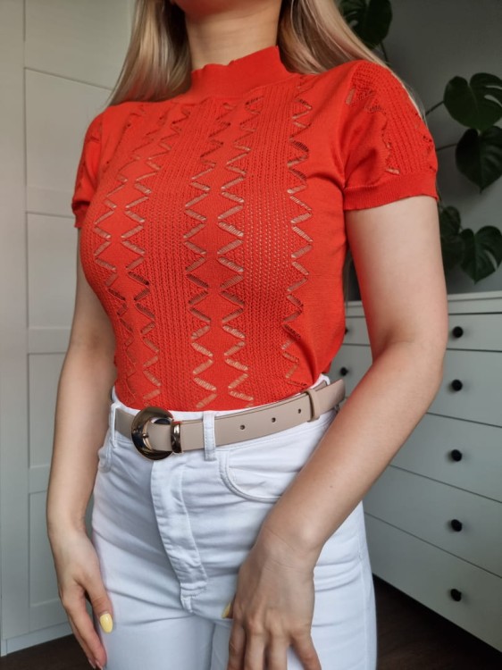 Ażurowa bluzka z półgolfem, elegancka, kobieca, r. S