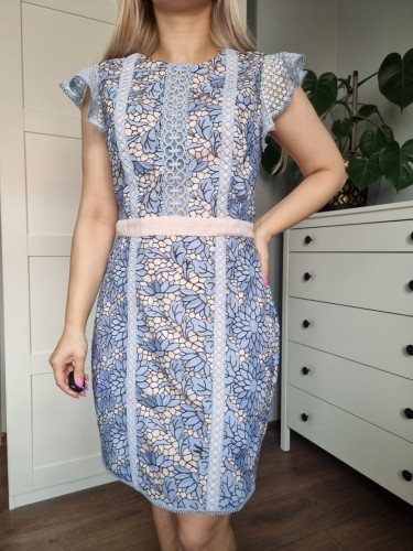 Sukienka z koronką baby blue i jasny róż, kwiaty, na wesele, chrzciny