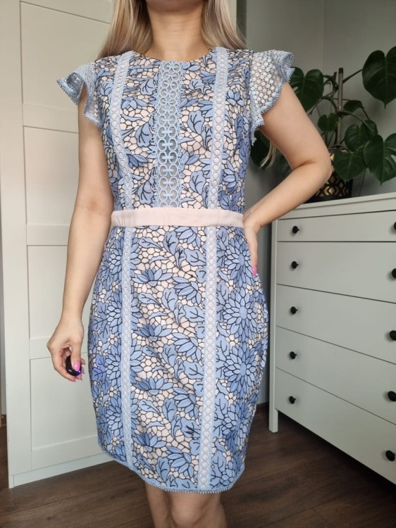 Sukienka z koronką baby blue i jasny róż, kwiaty, na wesele, chrzciny