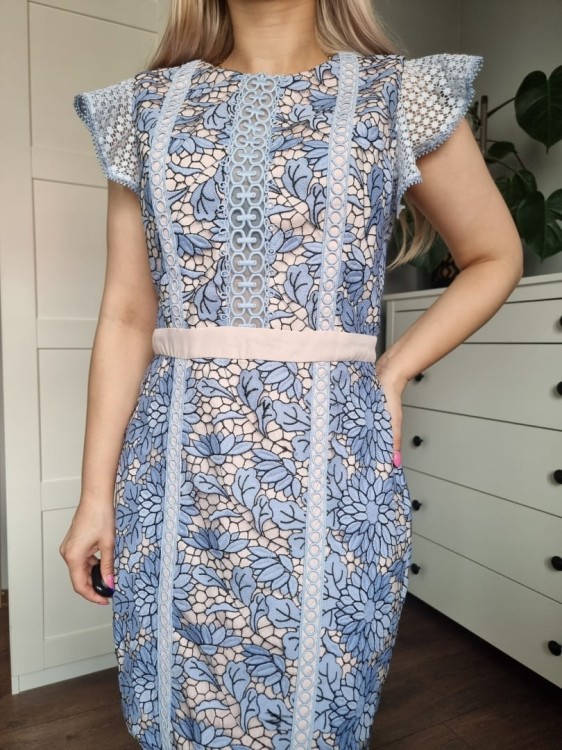 Sukienka z koronką baby blue i jasny róż, kwiaty, na wesele, chrzciny