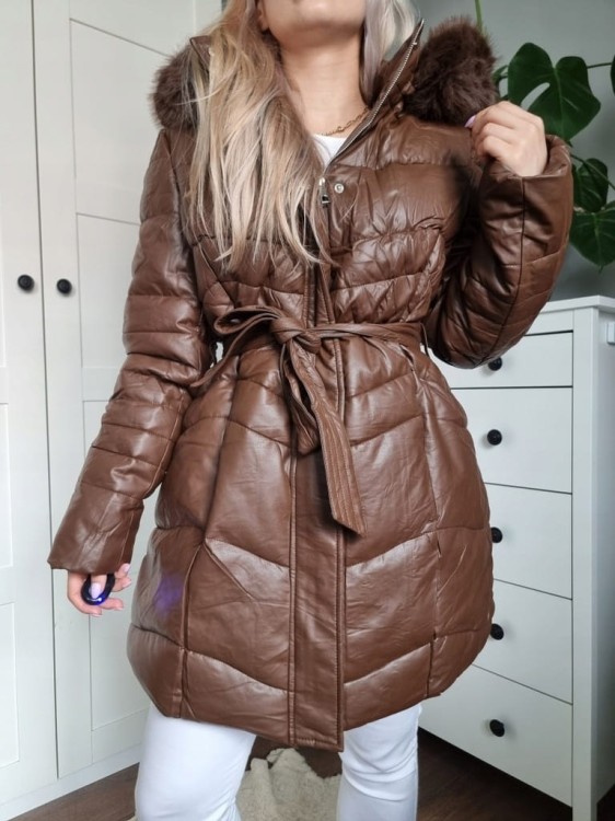 Zimowa kurtka płaszczyk parka czekoladowa XXL - 6XL z kapturem i futerkiem