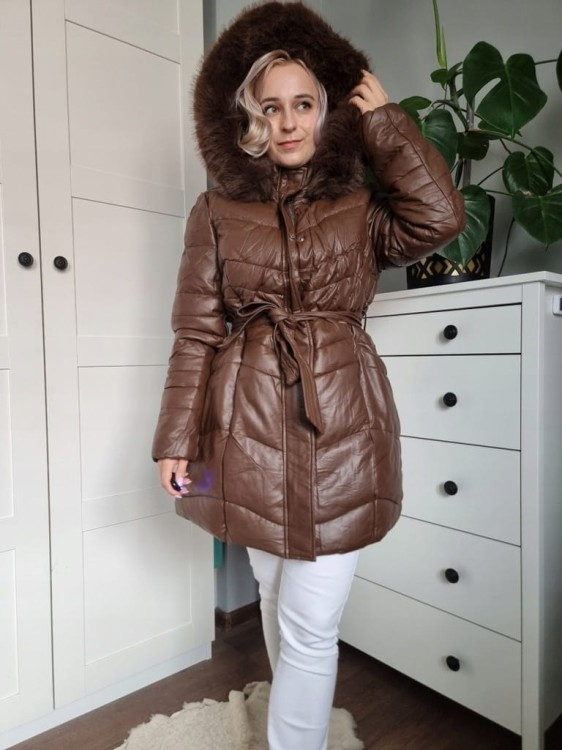 Zimowa kurtka płaszczyk parka czekoladowa XXL - 6XL z kapturem i futerkiem