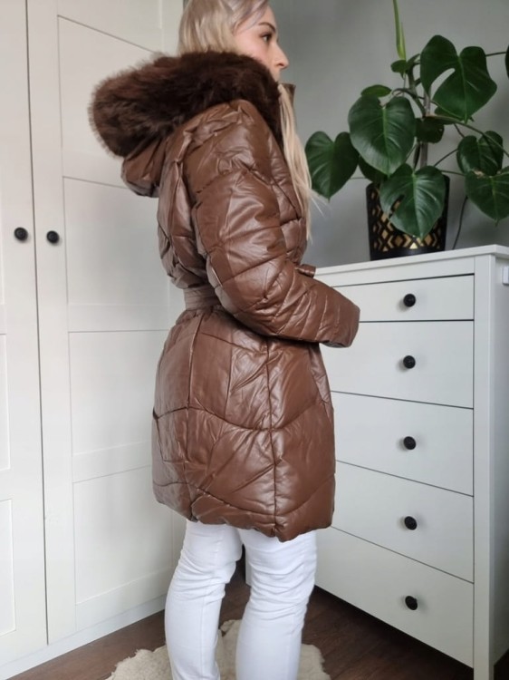 Zimowa kurtka płaszczyk parka czekoladowa XXL - 6XL z kapturem i futerkiem