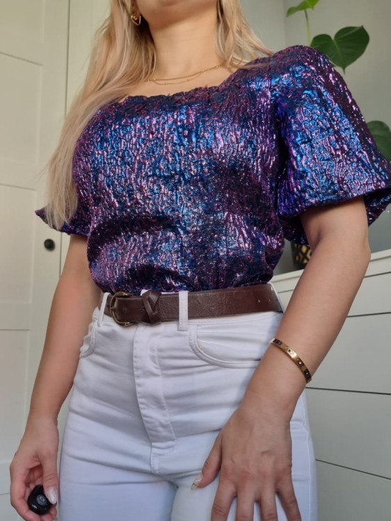 Połyskująca fioletowo granatowa bluzka ICHI, bufiaste rękawy, impreza, vintage, r. 34