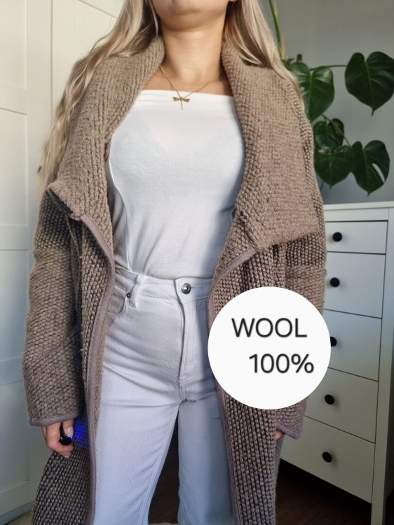 Wełniany brązowy damski kardigan oversize