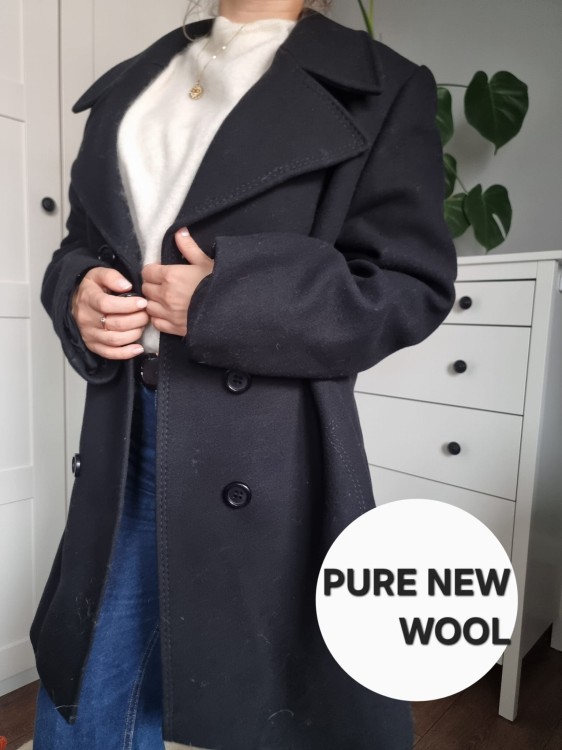 Damski czarny klasyczny płaszcz wełna dziewicza pure new wool