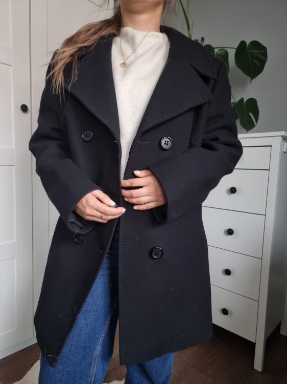Damski czarny klasyczny płaszcz wełna dziewicza pure new wool