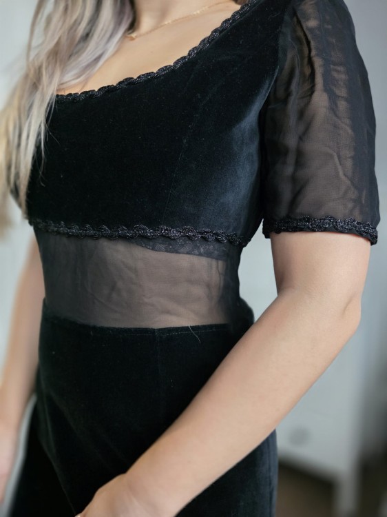 Elegancka mała czarna sukienka kobieca koronką welur vintage bawełna koraliki