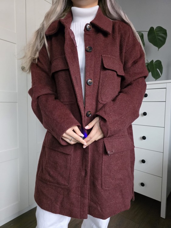 Kurtka z wełną bordowa burgundowa wiązana w pasie kobieca elegancka