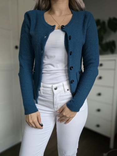 Niebieski Wełniany kardigan na guziki krótki sweter wełna wool