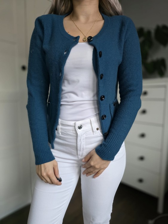 Niebieski Wełniany kardigan na guziki krótki sweter wełna wool