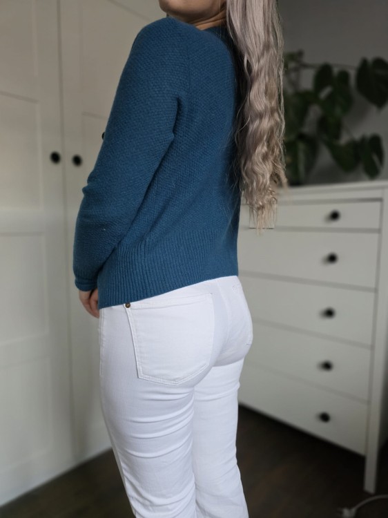 Niebieski Wełniany kardigan na guziki krótki sweter wełna wool