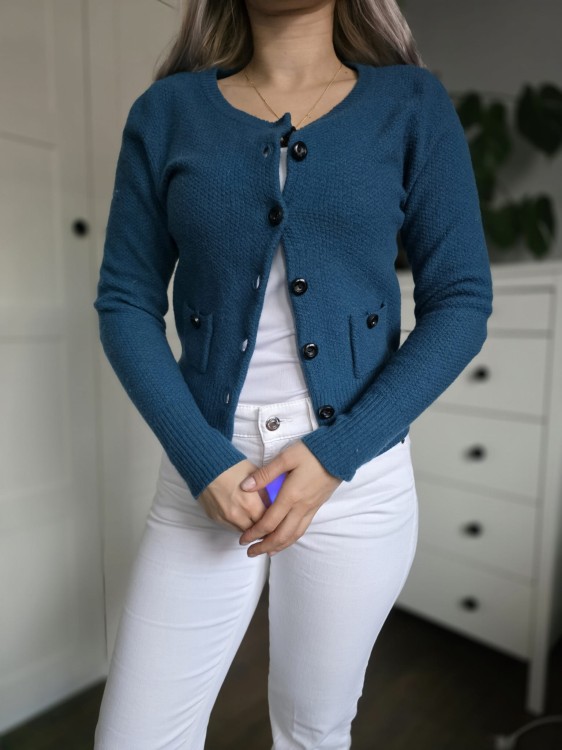 Niebieski Wełniany kardigan na guziki krótki sweter wełna wool