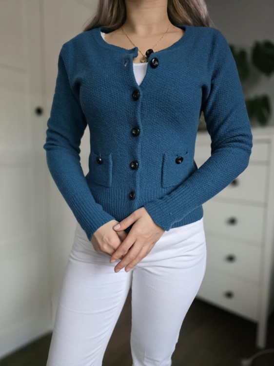 Niebieski Wełniany kardigan na guziki krótki sweter wełna wool