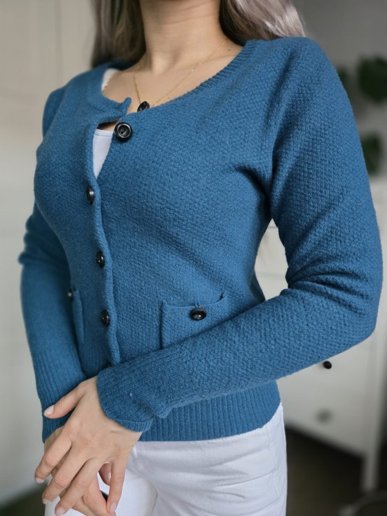 Niebieski Wełniany kardigan na guziki krótki sweter wełna wool