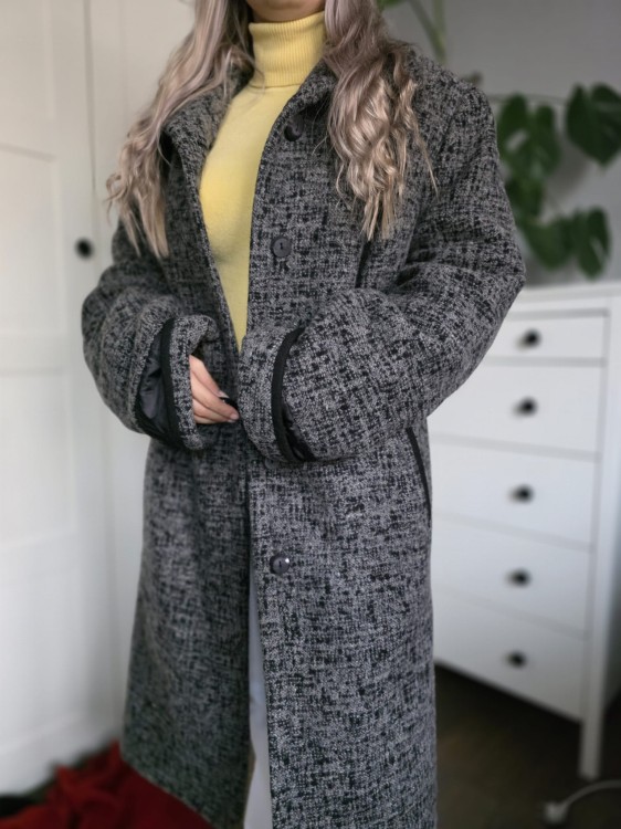 Szary płaszcz zimowy wełna 85% pepitka gruby elegancki prosty r. 50