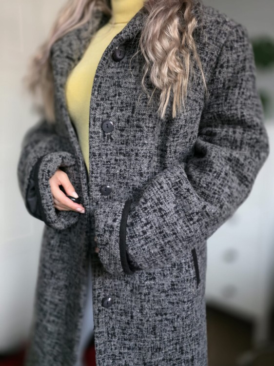 Szary płaszcz zimowy wełna 85% pepitka gruby elegancki prosty r. 50