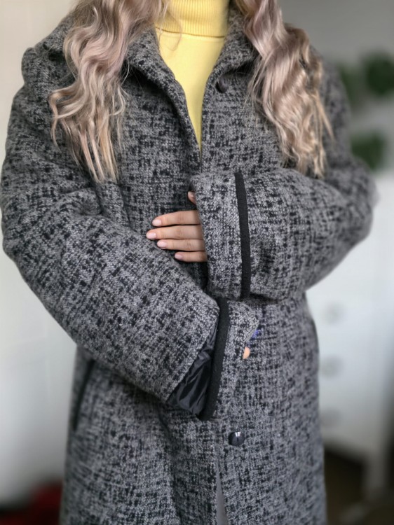 Szary płaszcz zimowy wełna 85% pepitka gruby elegancki prosty r. 50