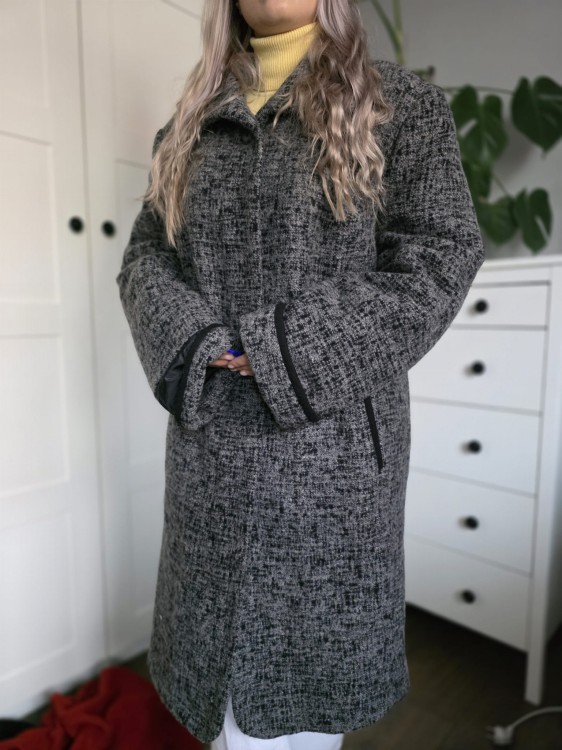 Szary płaszcz zimowy wełna 85% pepitka gruby elegancki prosty r. 50