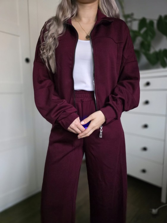 Bordowy dres bluza i spodnie z rozszerzanymi nogawkami wiskoza Polska marka S/M  burgundowy