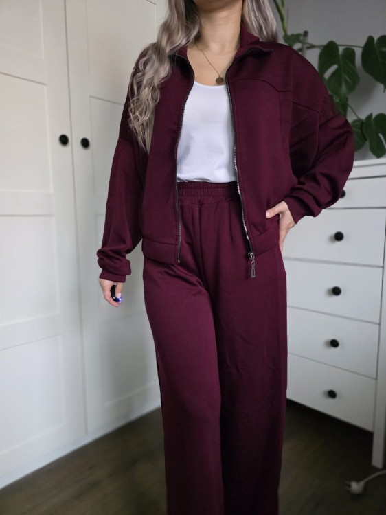 Bordowy dres bluza i spodnie z rozszerzanymi nogawkami wiskoza Polska marka S/M  burgundowy