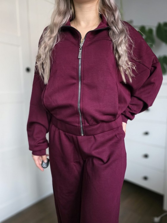 Bordowy dres bluza i spodnie z rozszerzanymi nogawkami wiskoza Polska marka S/M  burgundowy