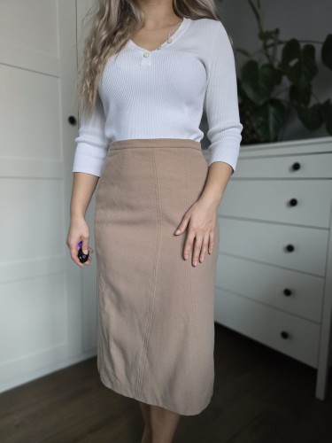Beżowa Spódnica zimowa midi wełna kaszmir elegancka kobieca
