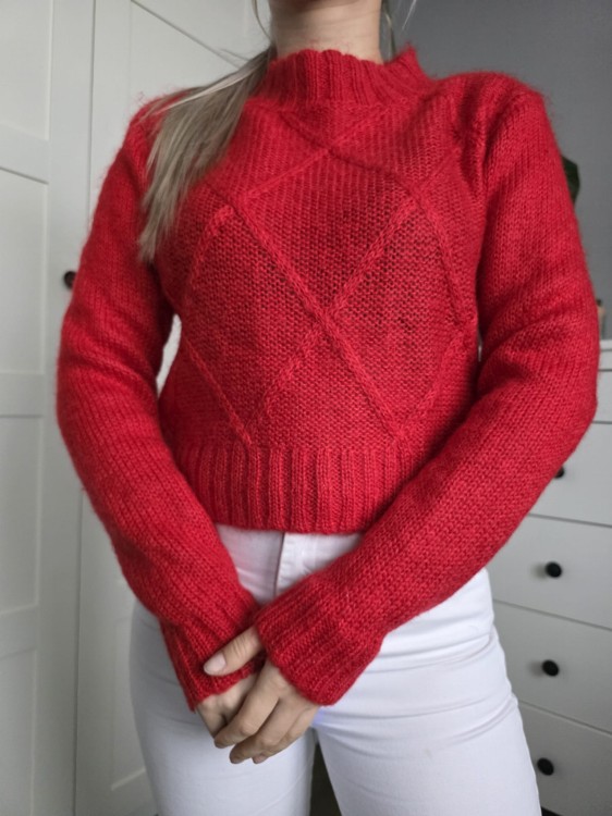 Czerwony sweter w rąby moher i wełna ciepły lekki chonky knitwear mohair
