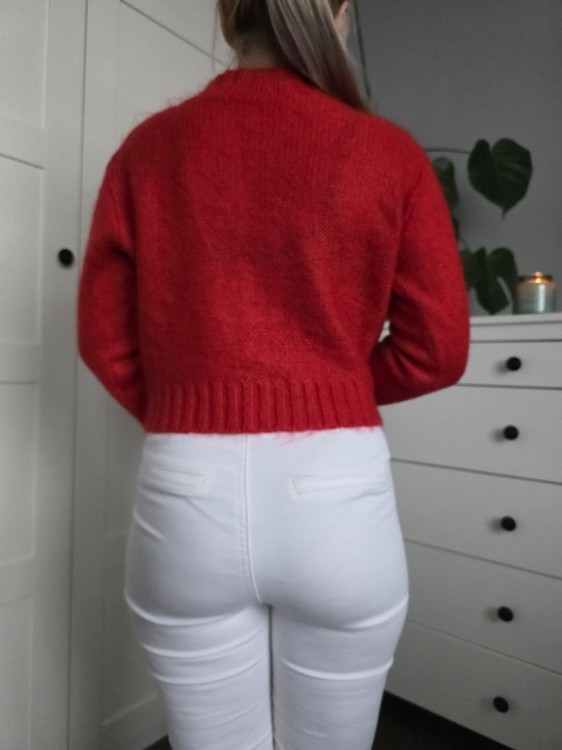 Czerwony sweter w rąby moher i wełna ciepły lekki chonky knitwear mohair
