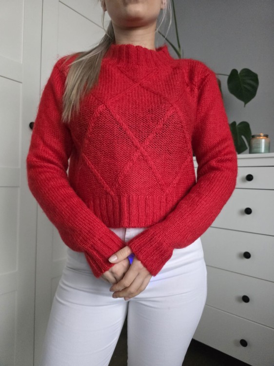 Czerwony sweter w rąby moher i wełna ciepły lekki chonky knitwear mohair
