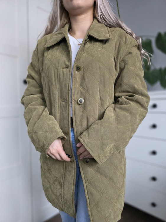 Pikowana zielona wiosenna kurtka damska ala zamsz elegancka przedłużana r. 36 oversize