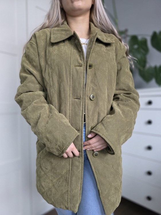 Pikowana zielona wiosenna kurtka damska ala zamsz elegancka przedłużana r. 36 oversize