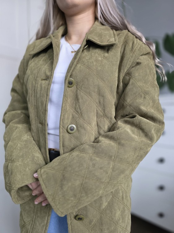 Pikowana zielona wiosenna kurtka damska ala zamsz elegancka przedłużana r. 36 oversize