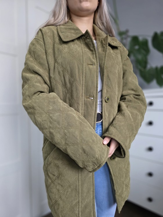 Pikowana zielona wiosenna kurtka damska ala zamsz elegancka przedłużana r. 36 oversize