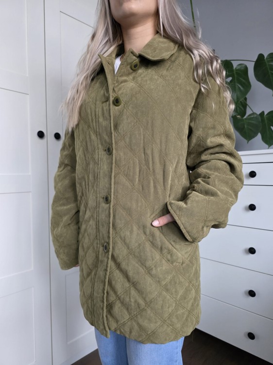 Pikowana zielona wiosenna kurtka damska ala zamsz elegancka przedłużana r. 36 oversize