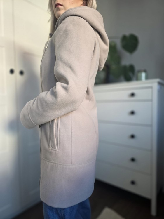 Płaszcz beżowy damski wełna z kapturem elegancki asymetryczny r. S