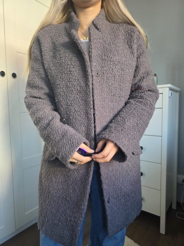Szary płaszcz  damski typu teddy coat baranek wełna ciepły elegancki r. S