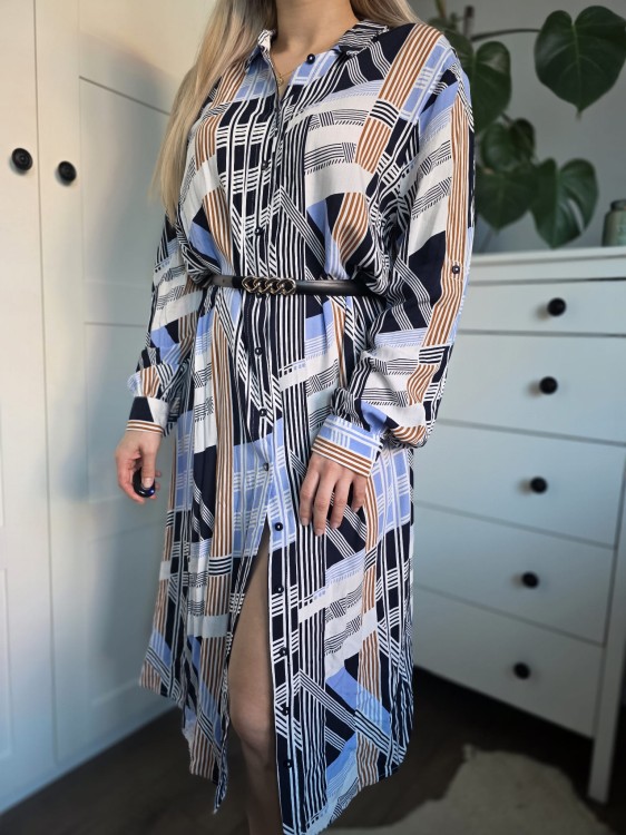 Elegancka szmizjerka sukienka we wzory niebiesko beżowa wiskoza