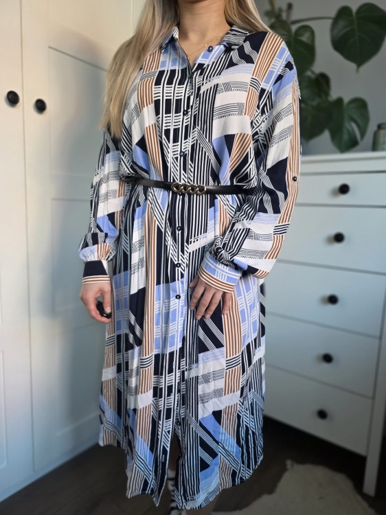 Elegancka szmizjerka sukienka we wzory niebiesko beżowa wiskoza