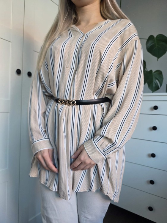 Wiskozowa sukienka tunika w paski beżowa elegancka oversize