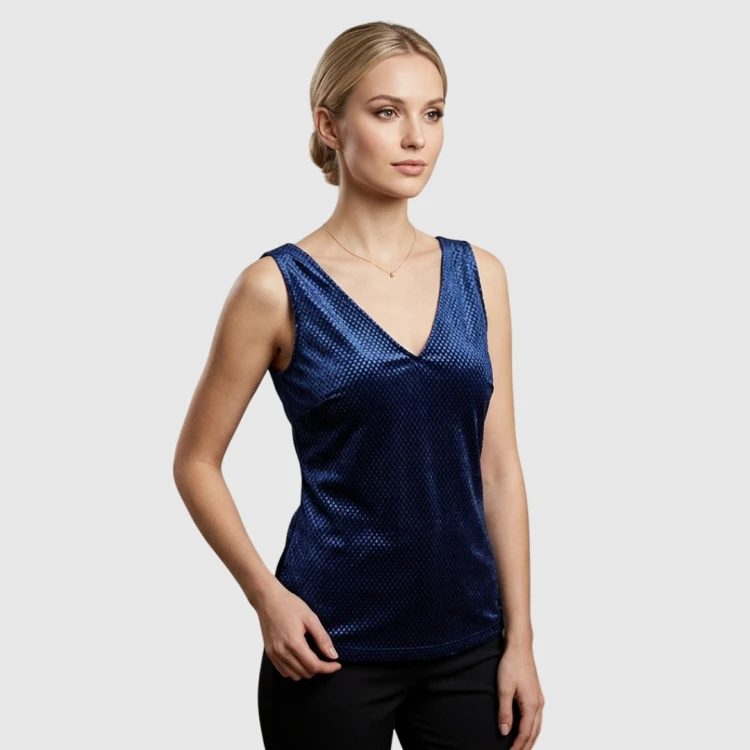 Granatowa bluzka połyskująca V dekolt top elegancka impreza S 36 Sienna