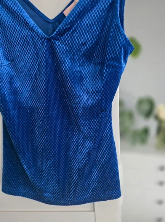 Granatowa bluzka połyskująca V dekolt top elegancka impreza S 36 Sienna