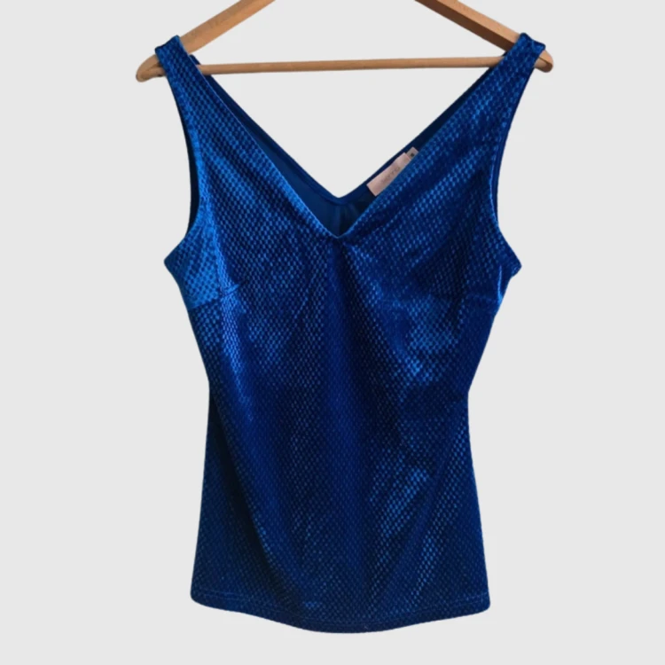 Granatowa bluzka połyskująca V dekolt top elegancka impreza S 36 Sienna